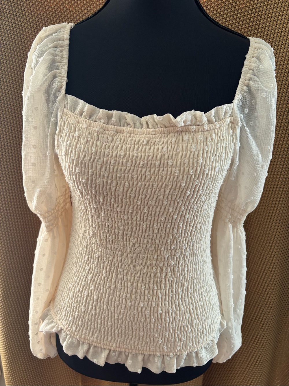 Promesa Cream Smocked Swiss Dot Puff Sleeve Top